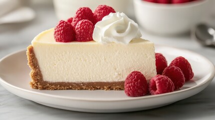A delectable slice of classic cheesecake topped with fresh raspberries and a dollop of whipped cream, showcasing a perfect blend of creamy, sweet, and tangy flavors.