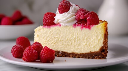 A delectable slice of classic cheesecake topped with fresh raspberries and a dollop of whipped cream, showcasing a perfect blend of creamy, sweet, and tangy flavors.