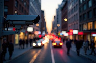 City street with surveillance camera at dusk capturing urban life and movement