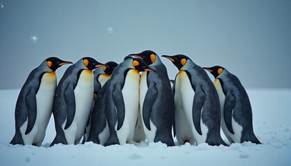 Fototapeta premium Group of emperor penguins huddling together in the snow