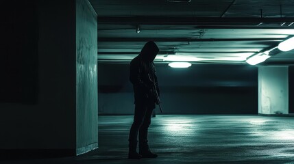 Fototapeta premium A dramatic scene of an armed robber in a dark parking garage creates an intense crime concept, highlighting the danger and urgency of the situation.
