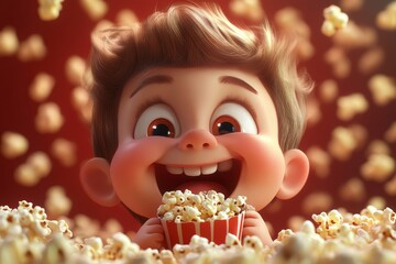 Naklejka premium Cartoon Child Enjoying Popcorn