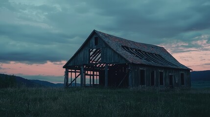 Obraz premium Abandoned Wooden Barn Amidst a Scenic Landscape at Dusk