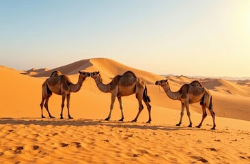 Camels walking across golden sand dunes in the desert during sunset