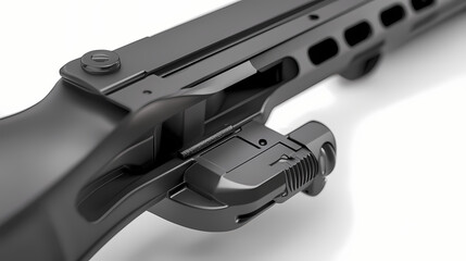 Close-up photorealistic rendering of a weapons stock assembly, focusing on the buttstock, recoil pad, and attachment points. Rimebound. Illustration