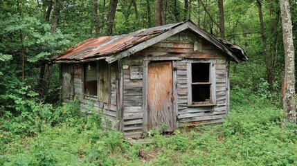 Old Abandoned Cabin in Overgrown Forest Surrounded by Trees