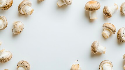 Frame of fresh brown mushrooms on white background.