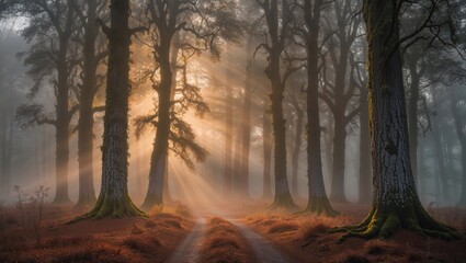 A serene forest scene with majestic trees illuminated by soft sunlight breaking through fog, creating a magical atmosphere.
