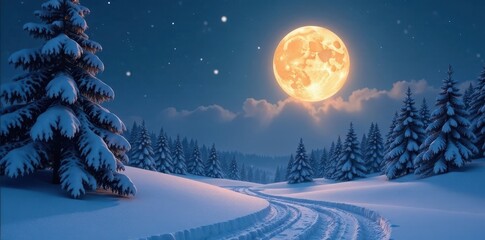 Full moon's radiant light on pristine winter scene , dark, peaceful, night