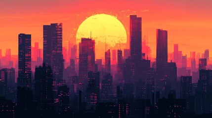 Fototapeta premium Vibrant Urban Sunset Over a City Skyline with Silhouetted Buildings