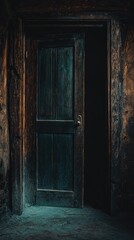 Fototapeta premium Rustic Wooden Door with Mysterious Entrance in Dim Light