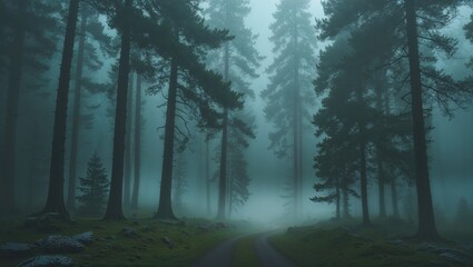 A serene forest path shrouded in mist, inviting exploration under the towering pine trees in a tranquil, ethereal atmosphere.