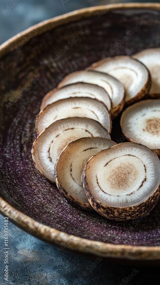 Poster sliced root vegetable displayed in a rustic bowl on table