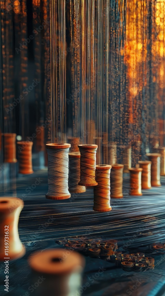 Poster spools of thread suspended in a colorful threading environment