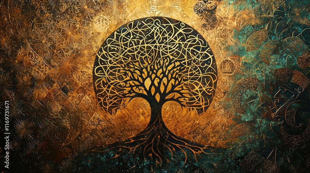 Poster artistic depiction of a golden tree with intricate pattern design