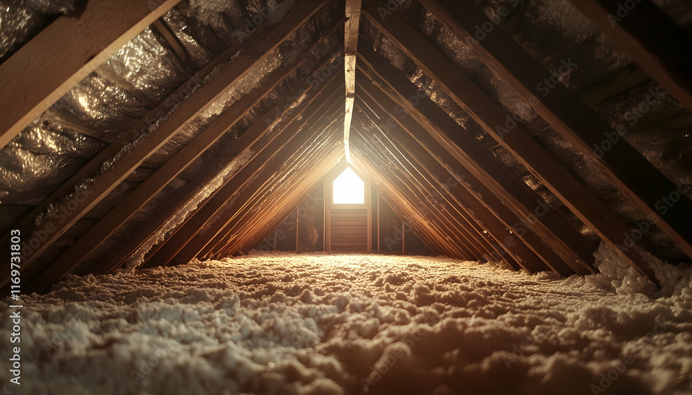 Poster wide-angle view of a neat attic space with freshly installed thermal insulation.