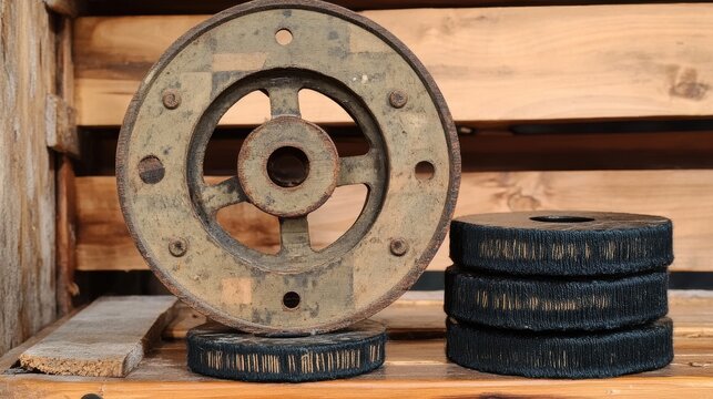 Old jacquard loom punch card and metal wheel resting on wooden shelf