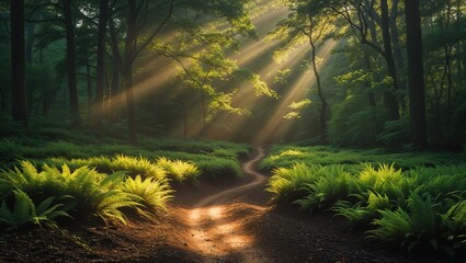 Obraz premium A serene forest pathway framed by lush ferns, illuminated by golden sunbeams filtering through the greenery.