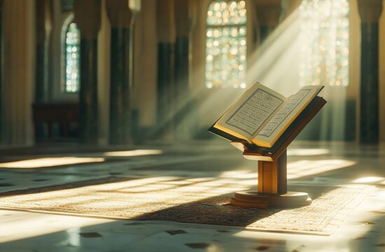 A beautiful open Holy Quran on a wooden stand in a mosque, with light rays shining from it. The background is a blurred interior of the mosque. 