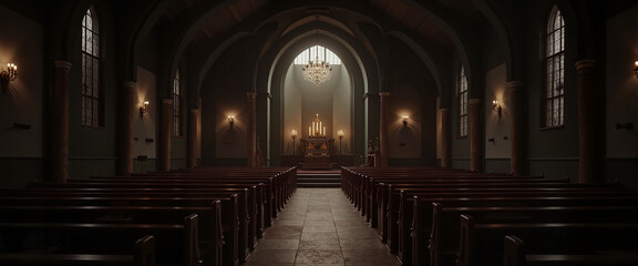 Serene church interior with candlelit altar, spiritual reflection