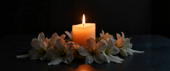 Solitary candle illuminating fresh flowers on dark altar, serenity