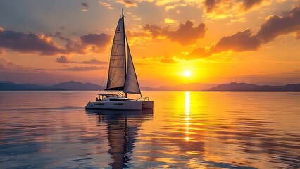 wide-angle sleek catamaran motor yacht gracefully slicing through sparkling ocean, its white sails billowing in gentle breeze as sun began to set on a balmy summer evening