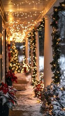 Cozy Winter Scene with Holiday Lights and Snowy Pathway