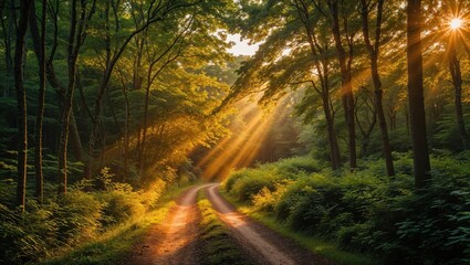 Fototapeta premium A serene forest path bathed in golden sunlight, surrounded by lush greenery, creating a peaceful and inviting atmosphere.
