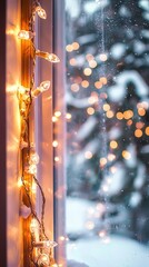 Obraz premium Warm Winter Window with Christmas Lights and Soft Snowy Bokeh
