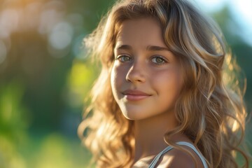Fototapeta premium blonde child with wavy hair smiling softly in bright sunlight among lush greenery gazing at the camera copyspace concept of lifestyle, beauty, marketing