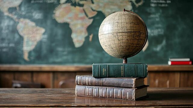 Classic globe and stacked books on a wooden desk in a vintage classroom with a world map in the background