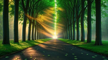Naklejka premium A serene pathway lined with tall green trees, bathed in warm golden sunlight, creating a tranquil and enchanting atmosphere.