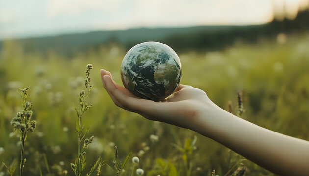 Woman's hand gently holding the Earth, symbolizing sustainability and a call to protect the planet