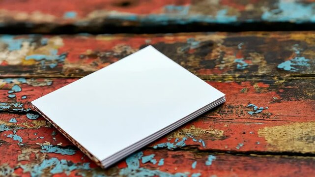 Blank notepad rests on a weathered wooden table showcasing vibrant colors and texture in natural light