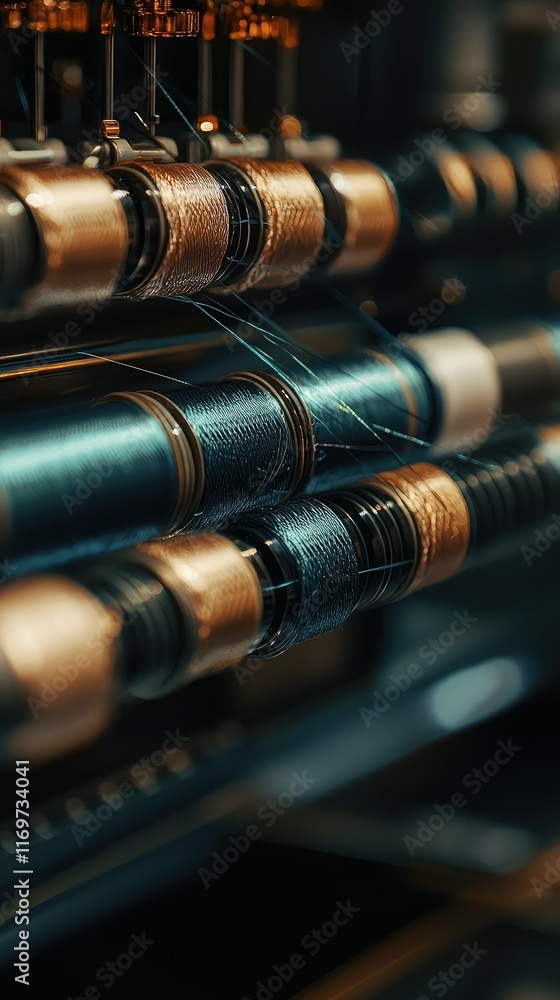 Poster close-up view of colorful threads and spools in textile machine