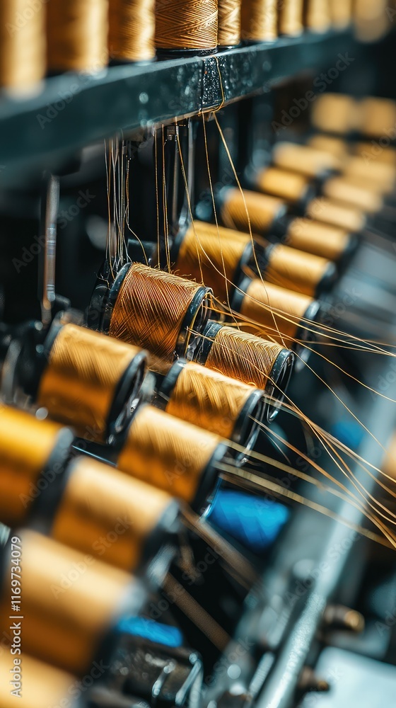 Poster spools of thread in textile machine creating sewing process