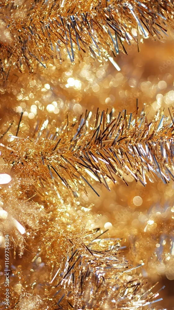 Poster glimmering gold tinsel close-up with sparkling bokeh effect