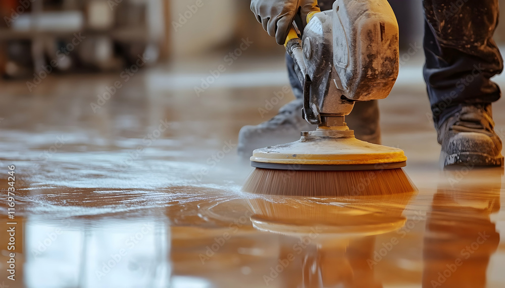 Poster worker polishing a hard floor with a high-speed machine for a perfect finish