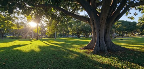 Obraz premium A large tree in the park, with sunlight shining through its leaves onto the green grass. The background is blurred. The green and bright colors of nature create an atmosphere of calmness and tranquili