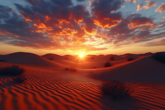 Fiery sunset over rolling sand dunes in a desert landscape. - Powered by Adobe