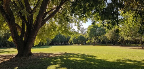 Obraz premium A large tree in the park, with sunlight shining through its leaves onto the green grass.high-resolution, high-quality stock photo with professional photography, high level of detail, and high sharpnes