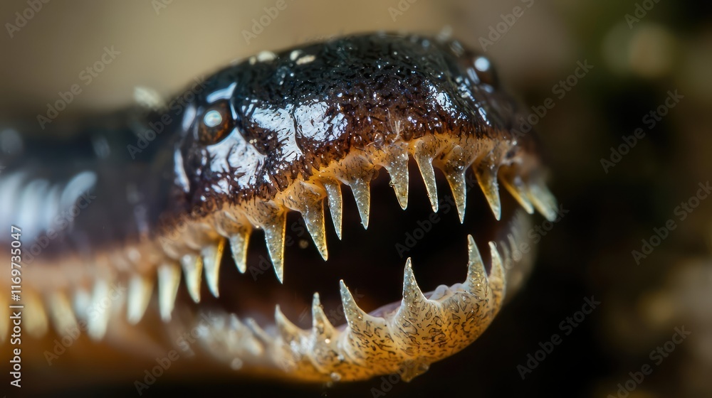 Poster close-up of a large predatory fish with sharp teeth and slick skin