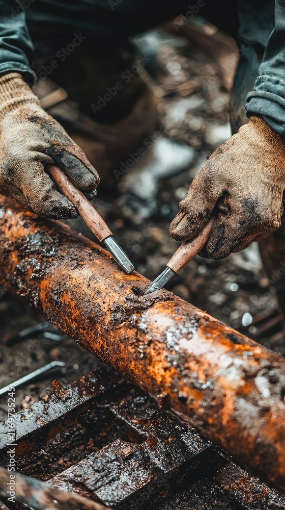 Poster manual woodworking techniques with tools in rustic environment