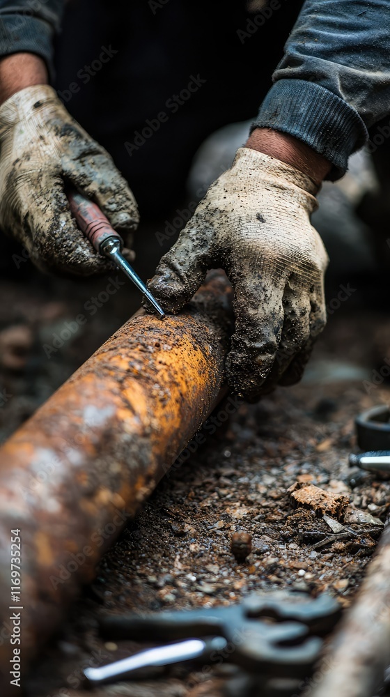 Poster worker repairing rusty pipe with tools in industrial setting