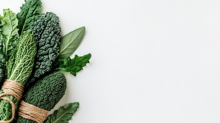 Fresh green leafy vegetables bunch on white background.