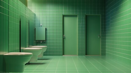 A green-themed public bathroom interior showcasing toilet cubicles with an open door and a mock-up wall.
