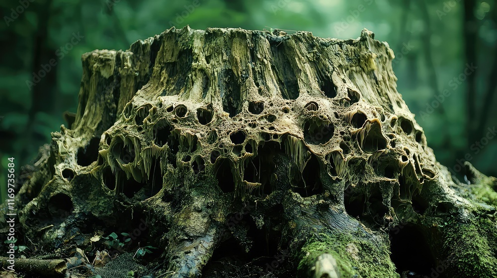 Aufkleber intricate details of a tree stump with moss and forest background