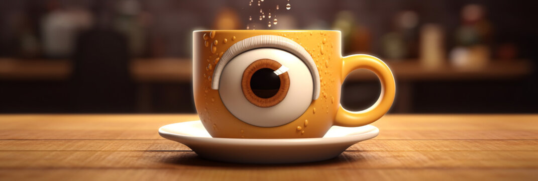 Playful coffee cup with eye design in humor and cartoon style for fun decor, cheerful image