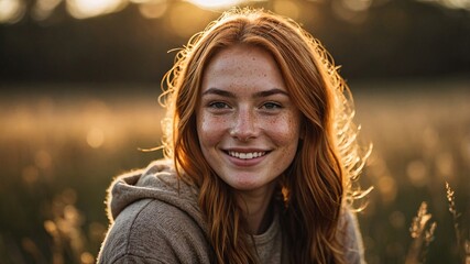 Radiant young woman exuding positivity in a golden sunset field surrounded by wildflowers on a serene autumn evening