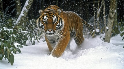 Obraz premium Majestic Tiger Walking Through Snowy Forest Landscape in Winter